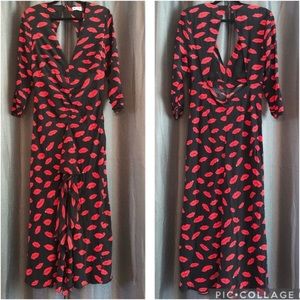 Rixo Rose Red Lips Plunge Cutout Midi Silk Dress L